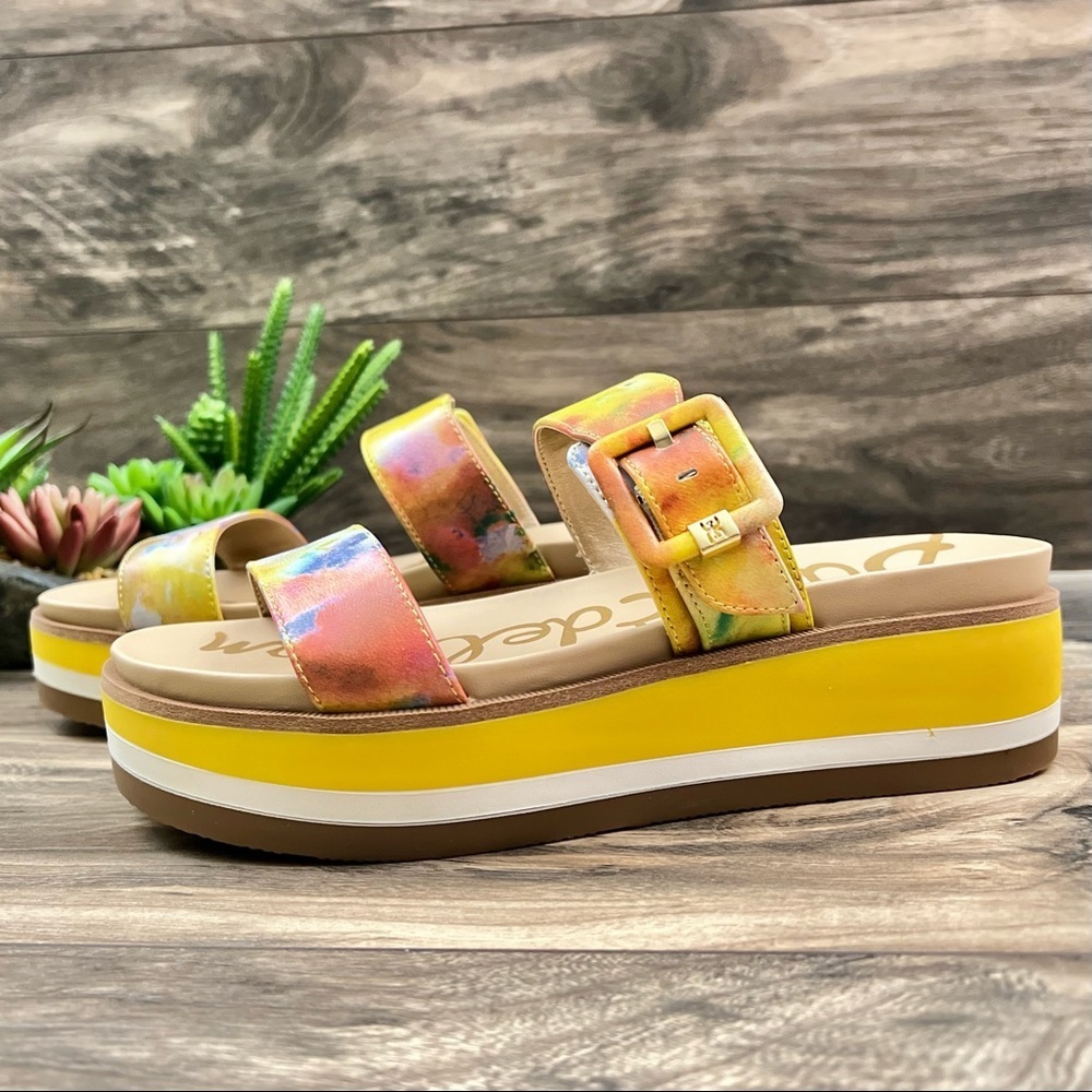 NIB Sam Edelman Agustine Platform Slide Sandal Lemon Zest Multi Leather 7.5M - Picture 4 of 12